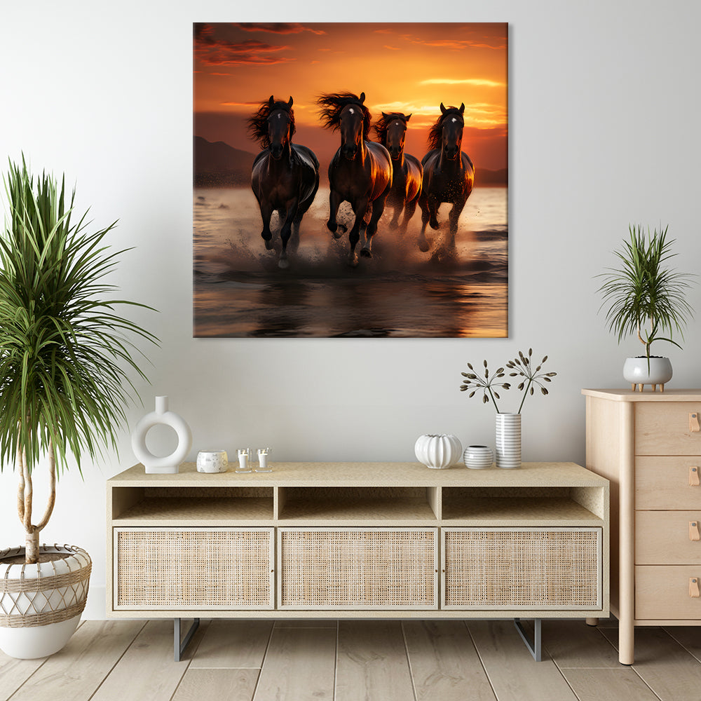 Mustang Horses Running On Seashore | Animal Wall Art | Single Panel