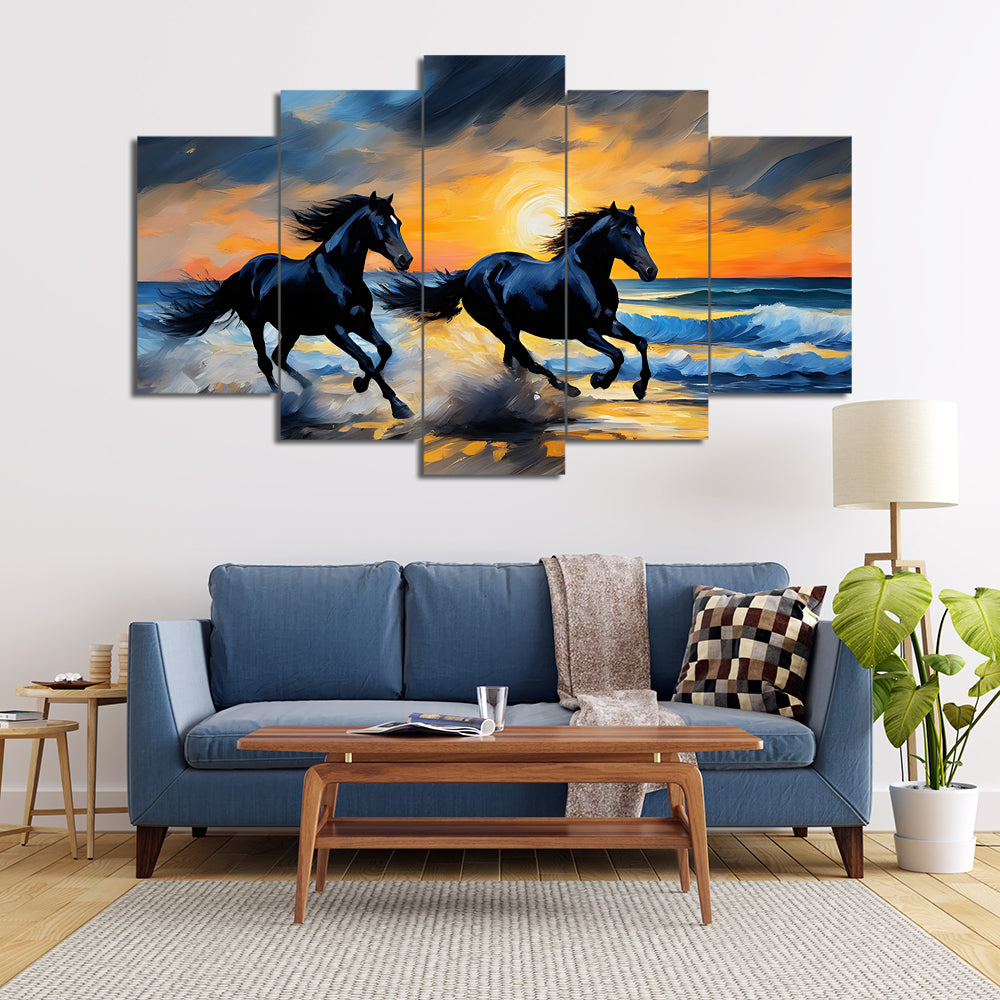 Stallion Horses Galloping Through Sunsent | Animal Wall Art | 5 Panels For Sale