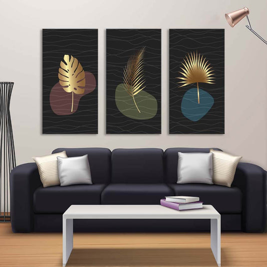Black and Gold Boho Exotic Leaves | Floral Abstract Wall Art | 3 Panels