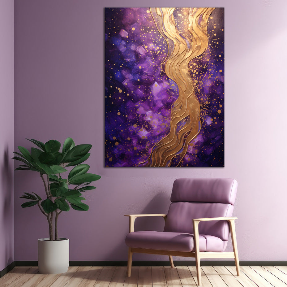 Radiant Golden Whirls on Purple Twilight | Abstract Wall Art | Single Panel