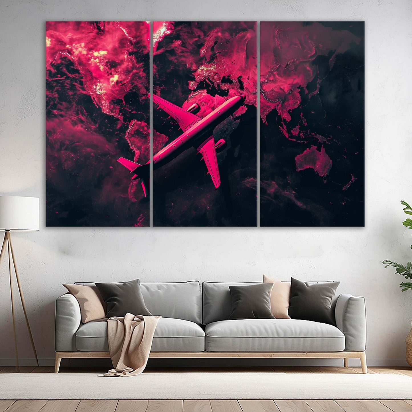 Crimson Air Plane Wolrd Map | Office Wall Art | 3 Panels On Sale