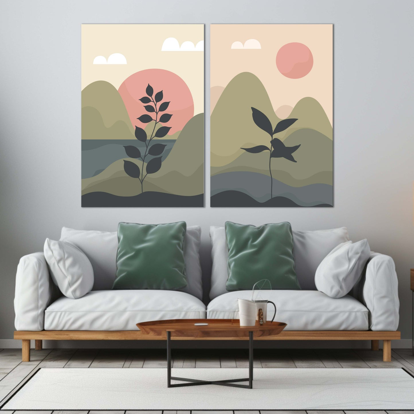 Minimalist Mountains And Botanical Bliss | Floral Wall Art | 2 Panels