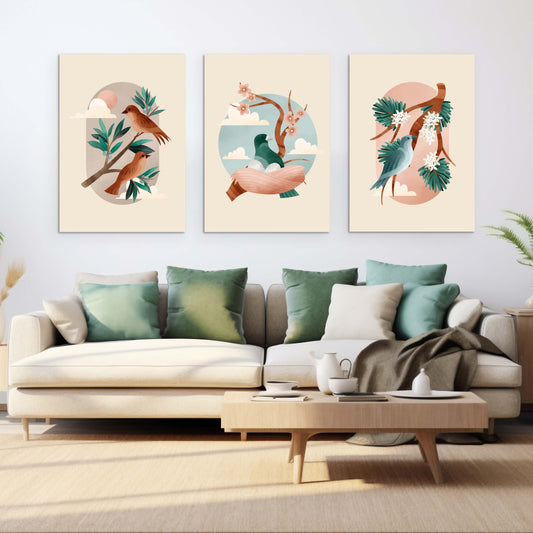 Birds Chirping Nestled Serenade | Animals Wall Art | 3 Panels