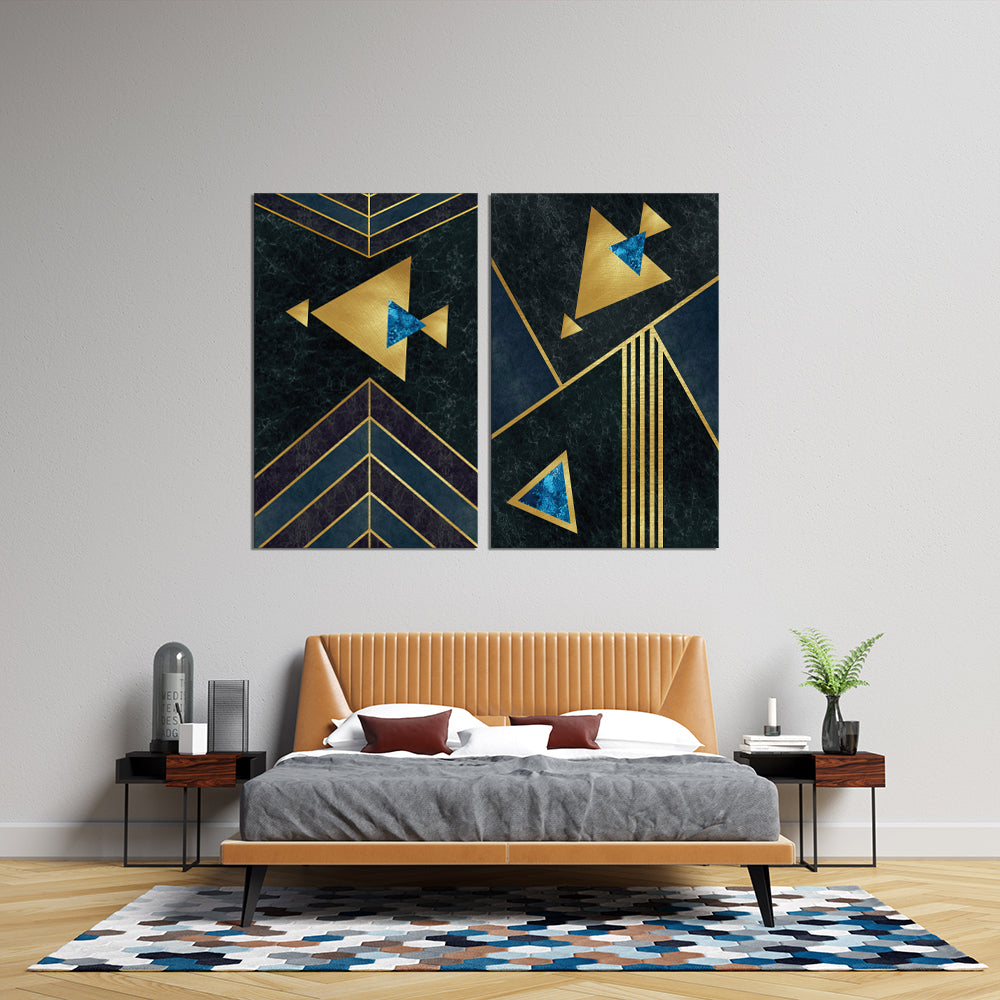 Gold and Black Triangular Elegance | Abstract Wall Art | 2 Panels