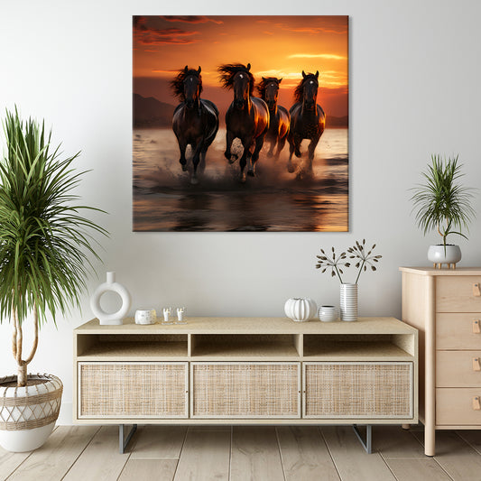 Mustang Horses Running On Seashore | Animal Wall Art | Single Panel