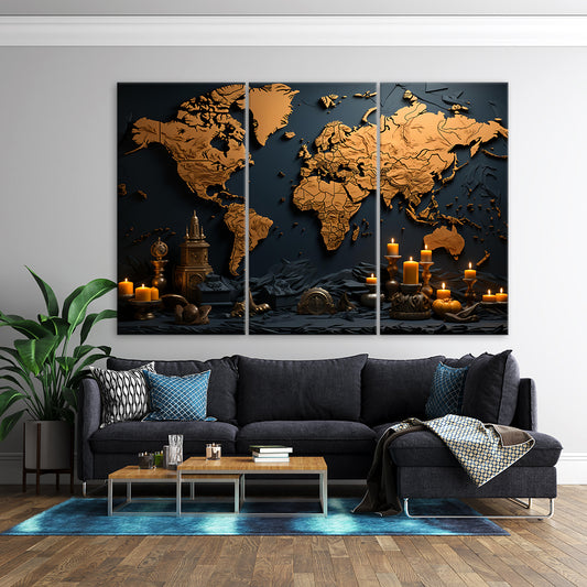 World Map Golden Monuments | Office Wall Art | 3 Panels