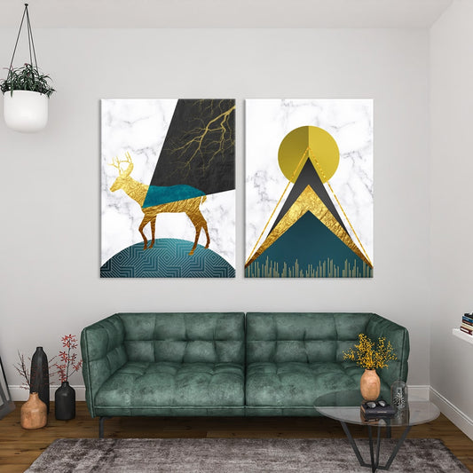 Reindeer & Geometric Harmon Elegance | Abstract Wall Art | 2 Panels