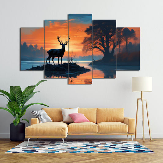 Wandering Deer in the Twilight Reflections | Animal Wall Art | 5 Panels