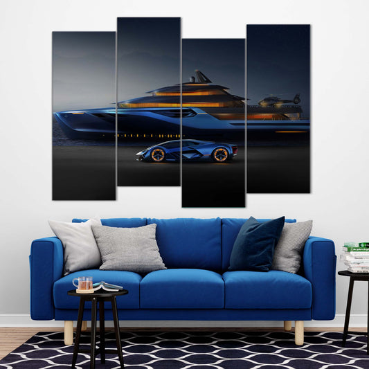 Blue Lamborghini & Yacht Fusion | Cars Wall Art | 4 Panels