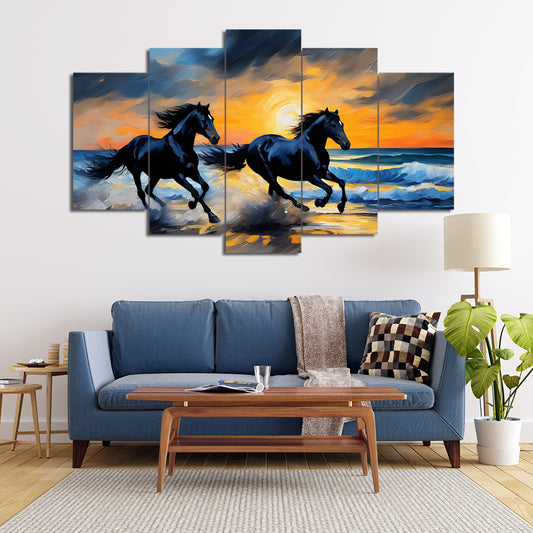 Stallion Horses Galloping Through Sunsent | Animal Wall Art | 5 Panels