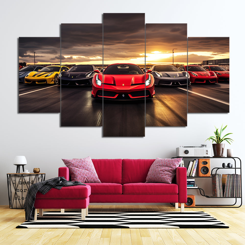 Fleet Of Ferrari On A Race Track| Cars Wall Art | 5 Panels