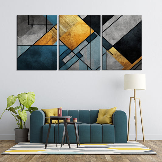 Gilded Elegance Of Gold Grey And Black | Geometric Wall Art | 3 Panels