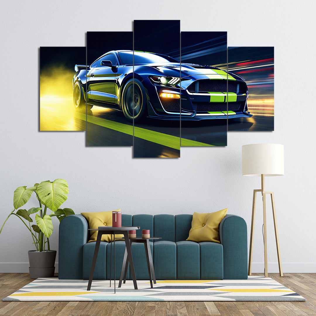 Mustang In Yellow Stripes  | Cars Wall Art | 5 Panels