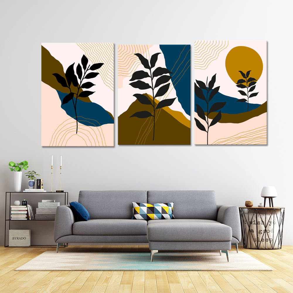 Black Leaves In Sunlit Soil | Floral Wall Art | 3 Panels