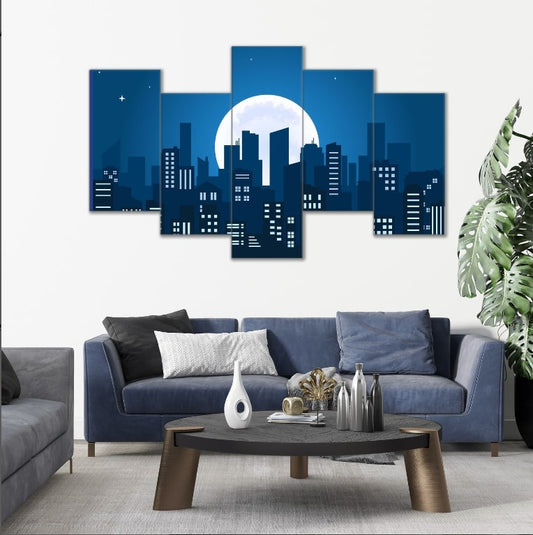 Urban City Moon | Architectural Wall Art | 5 Panels