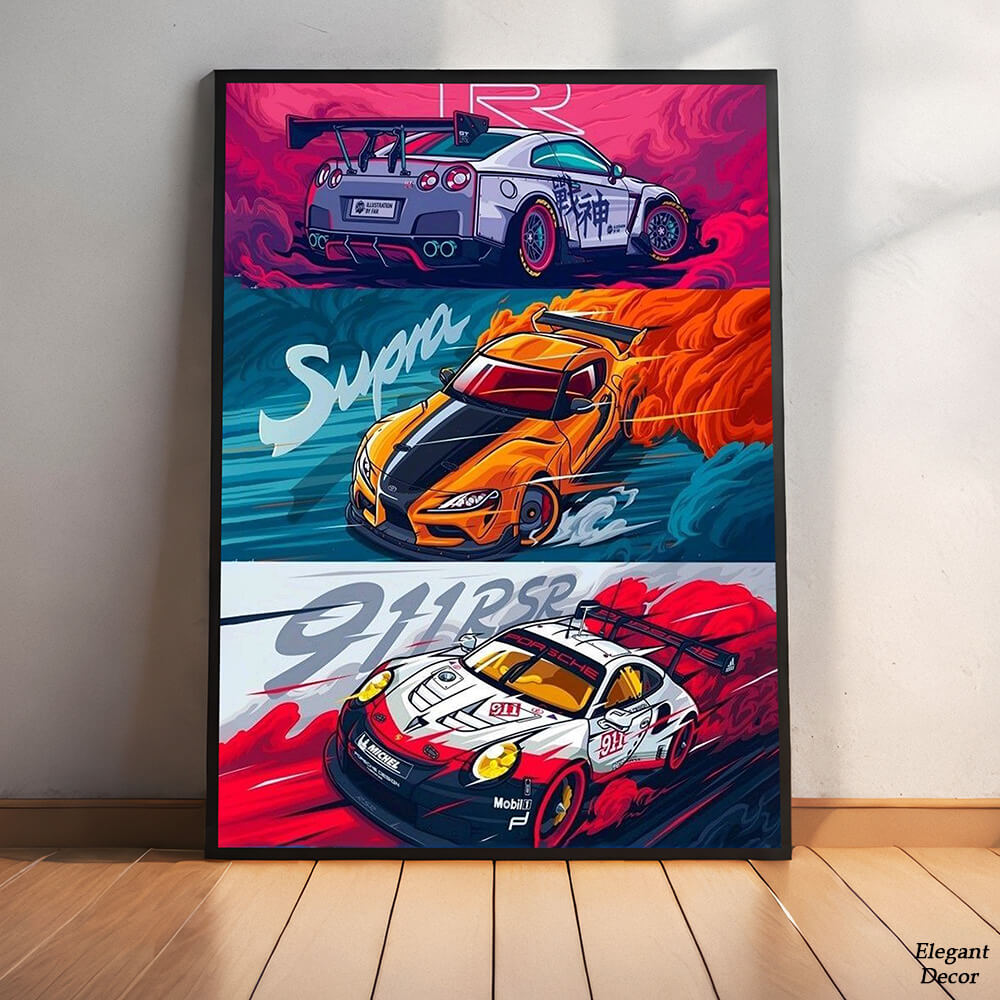 Supercars Drifting On Track  | Cars Poster Wall Art