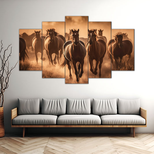 Brown Horses in Meadows | Animal Wall Art | 5 Panels