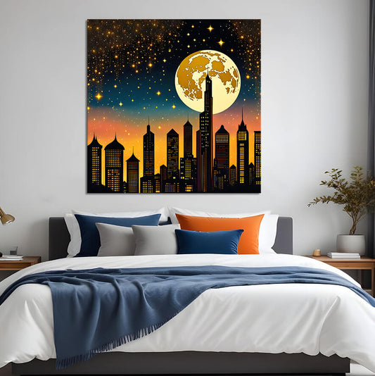 Lunar Dusk Over the Cityscape | Cityscape Wall Art | Single Panel