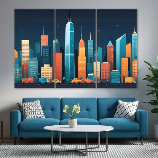 Twilight Metropolis Buildings | City Scape Wall Art | 3 Panels