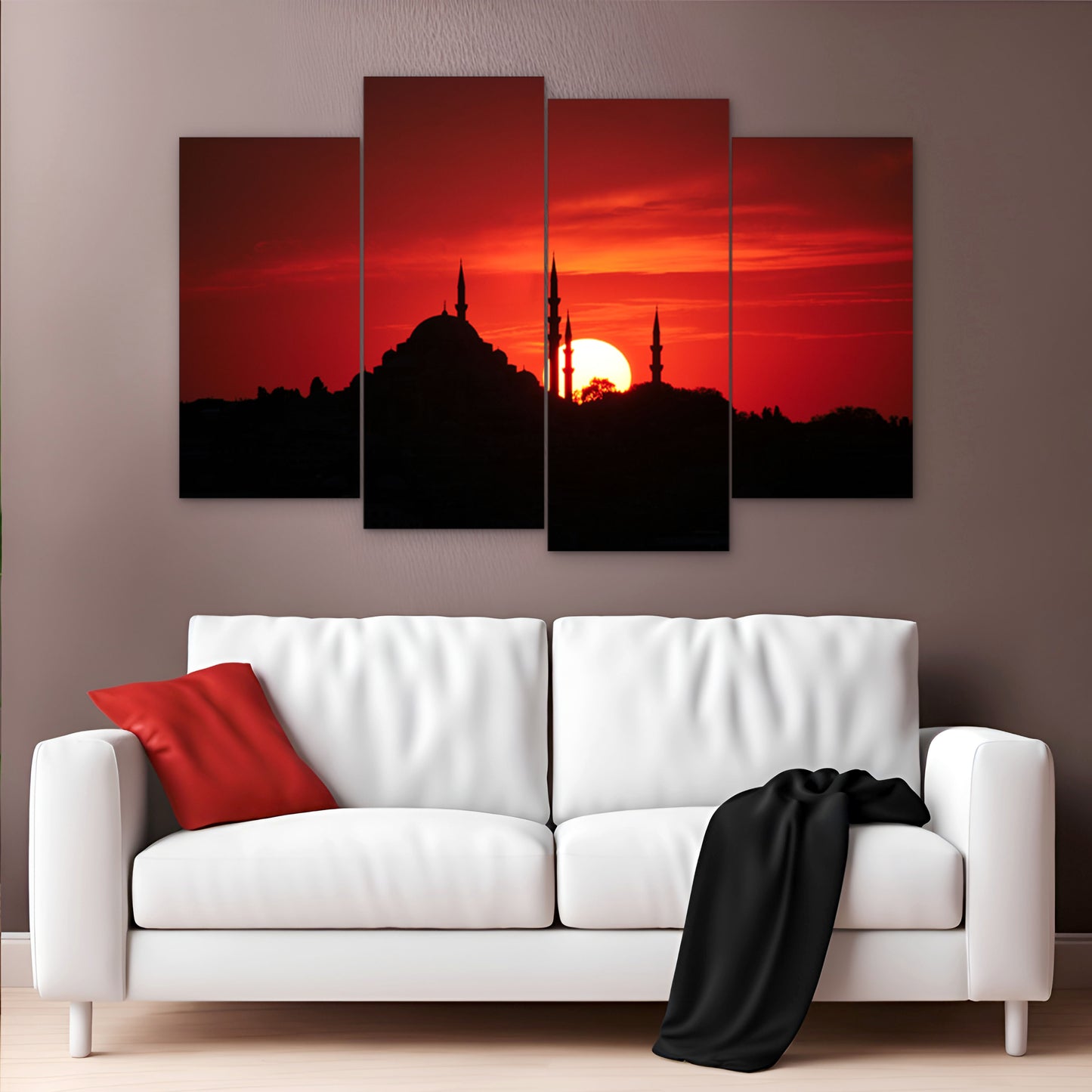 Mosque Silhouette Sunset | Islamic Wall Art | 4 Panels