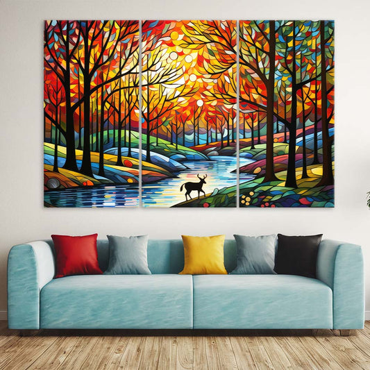 Deer Amdist The Enchanted Lake | Animal Wall Art | 3 Panels