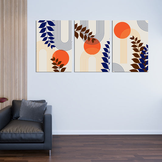 Sun Over Blue and Black Leaves | Abstract Wall Art | 3 Panels