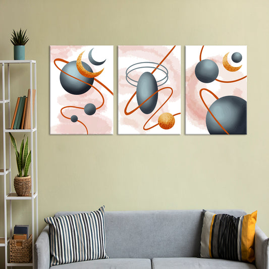 Grey and Golden Planets| Space Wall Art | 3 Panels