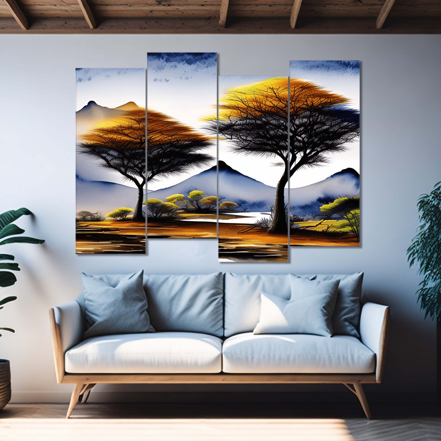 Trees In Mountains Silhouette | Nature Wall Art | 4 Panels