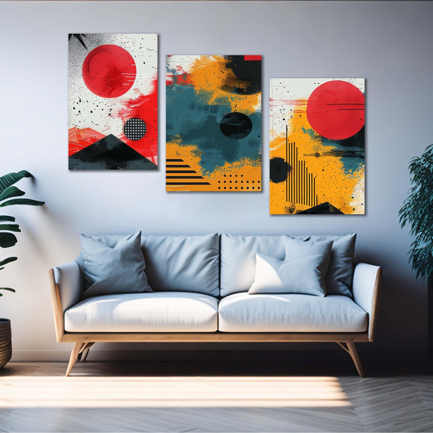 Crimson Sun and Verdant Dawn | Abstract Wall Art | 3 Panels