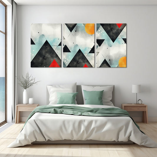 Crimson Triadic Fusion | Geometric Wall Art | 3 Panels