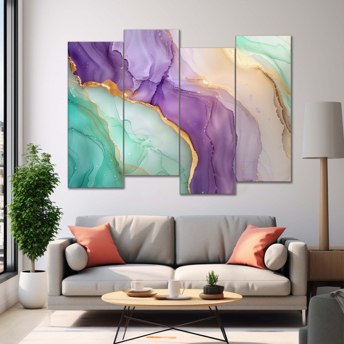 Teal & Purple Serenade Swirls | Abstract Wall Art | 4 Panels