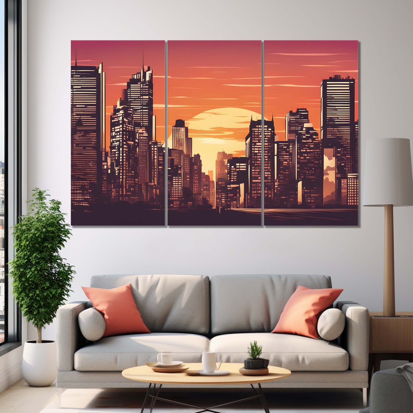 Buildings Silhouette Sunrise Serenity | City Scape Wall Art | 3 Panels