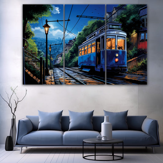 Trams Amidst Town's Green At Night| City Scape Wall Art | 3 Panels