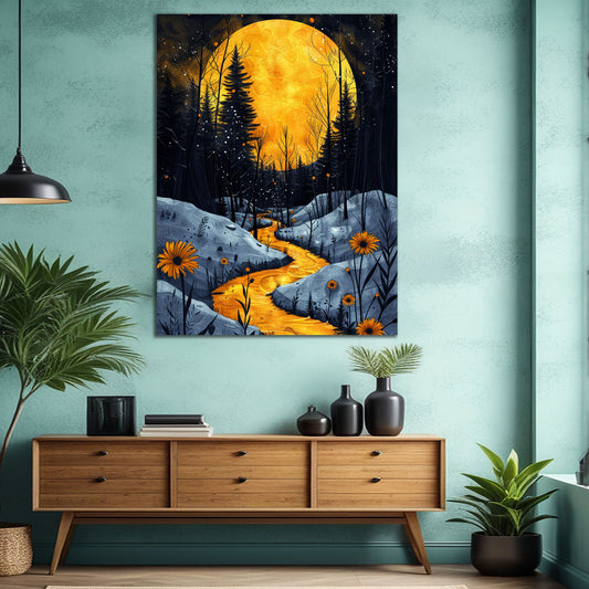 River Snowy Landscape in Full Moon | Nature Wall Art | Single Panel