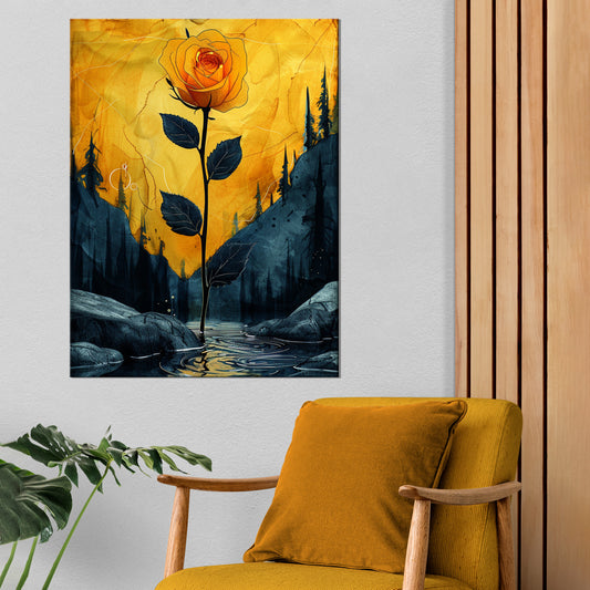 Golden Bloom Among the Peaks| Floral Wall Art | Single Panel