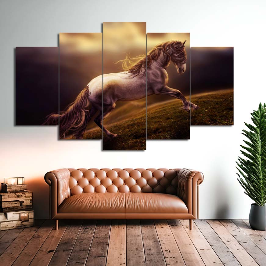 Golden Mustang Horse In Enchanted Forest | Movies Wall Art | 5 Panels