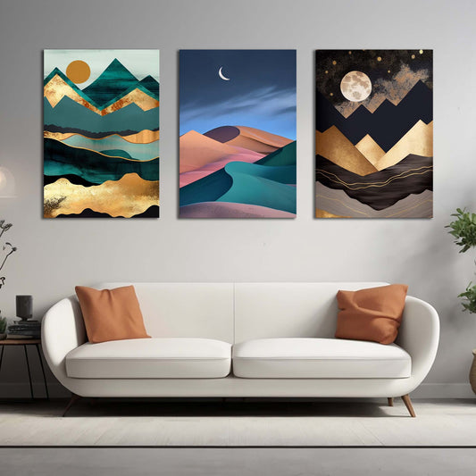 Golden Horizons Peaks and Dunes | Nature Wall Art | 3 Panels